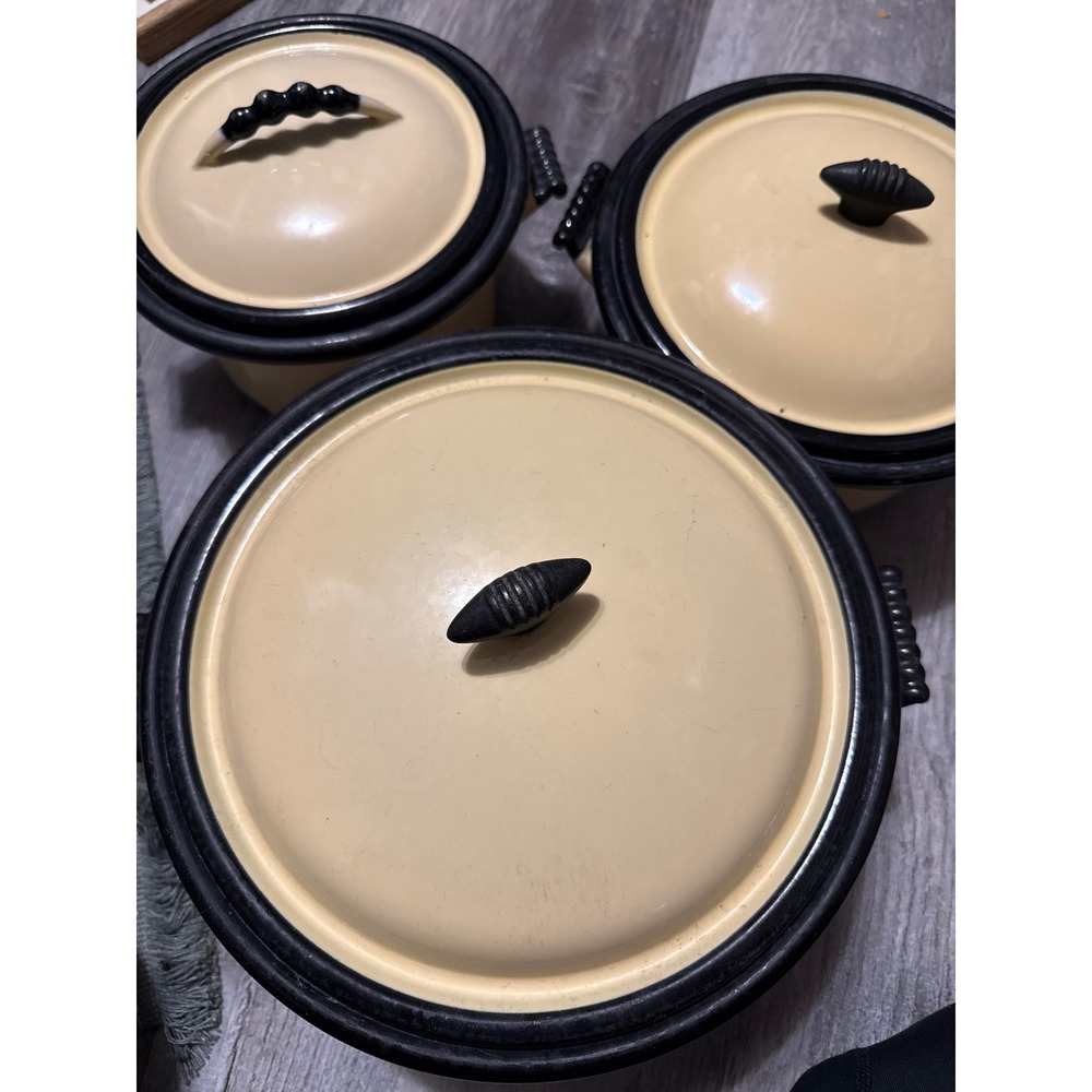Vintage Vollrath Co. Kook King Nesting Pot Set Cream Black Trim 3 Piece Cookware
